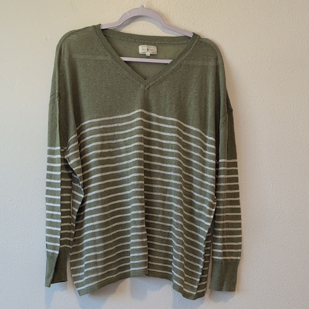 Lou & Grey Linen Blend Green Striped V Neck Striped Sweater